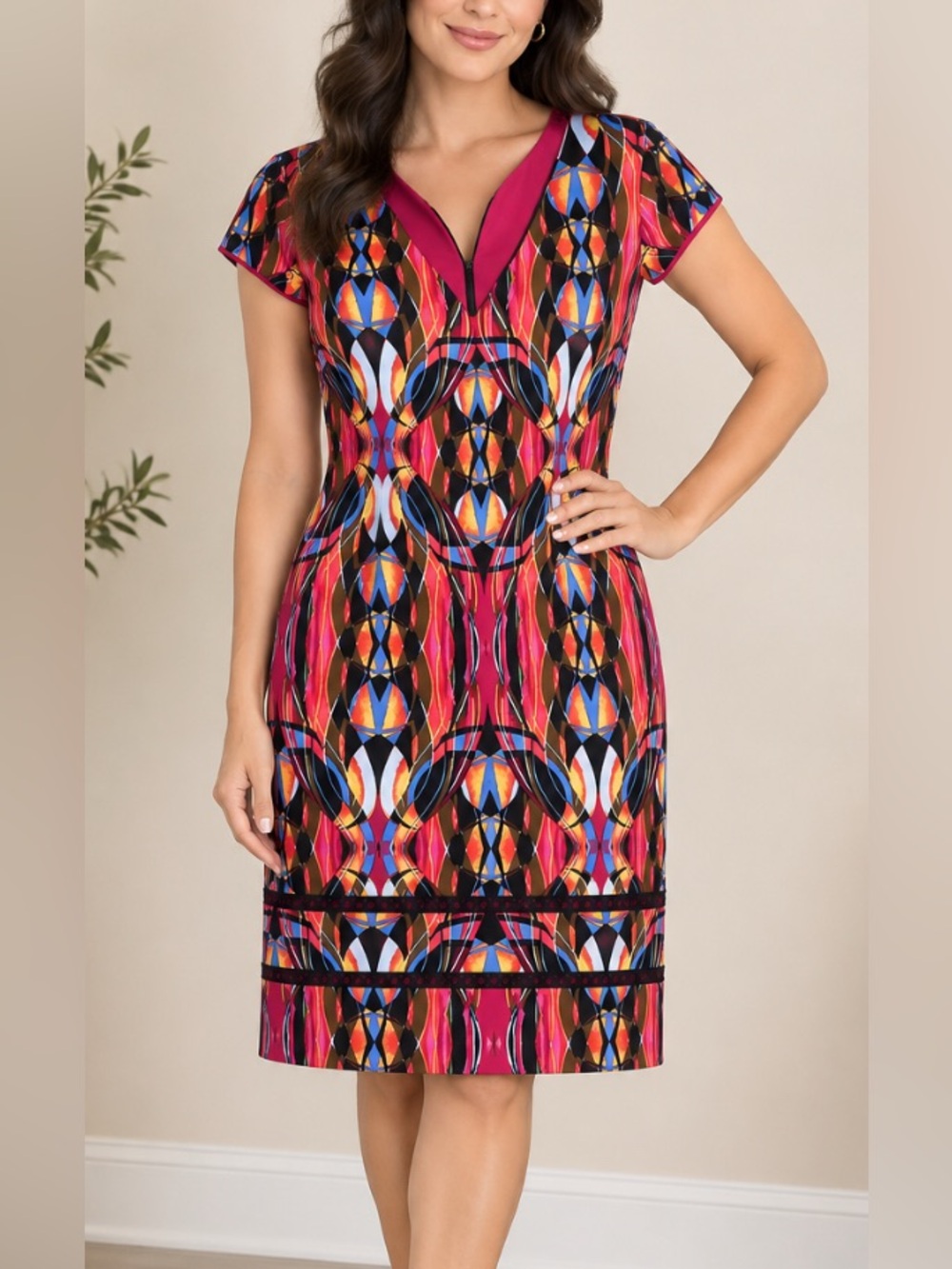 Laundry by Shelli Segal Pink Geometric Print Cap-Sleeve Dress 6